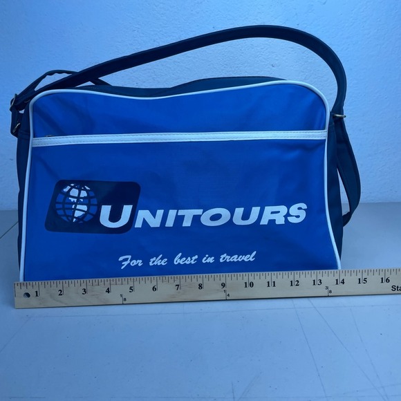 Vintage Travel Bag Unitours Blue Panam Style Shoulder Strap Vacation Flight 70s - Picture 10 of 12